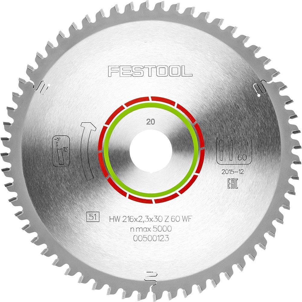 Lâmina de serra FESTOOL de 216 mm com 60 dentes TCT para corte de piso laminado.