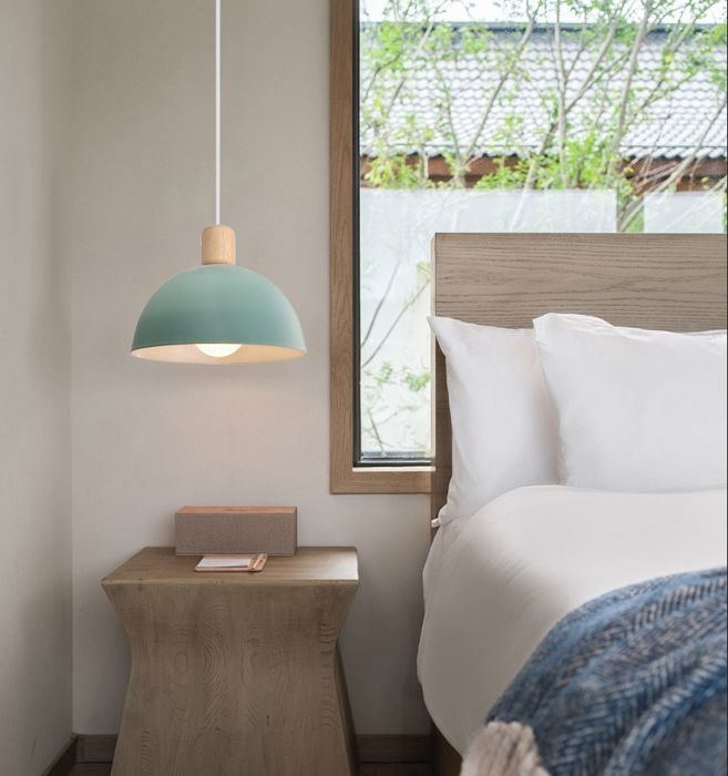 Lustre Suspension - IDEGU - Rétro - Métal Bois - Ø 20CM - Vert - E27