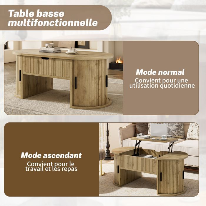 Mesa de centro oval com tampo elevável, 2 portas de correr e acabamento amadeirado (100 x 50 x 40,5 cm).