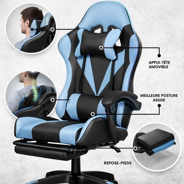 Bayt Ergonomischer Gaming-Stuhl – Ausziehbare Fußstütze – Verstellbare Armlehnen – Verstellbare Rückenlehne – Schwarz & Hellblau