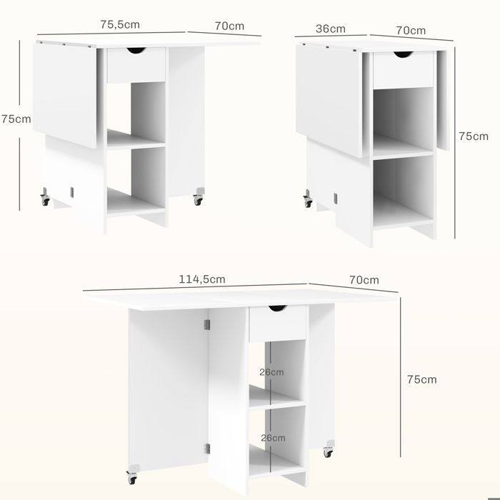 Table de salle à manger pliante Table de cuisine mobile pour 2 à 4 personnes avec plateaux ouverts, 1 tiroir, table pliante pour p