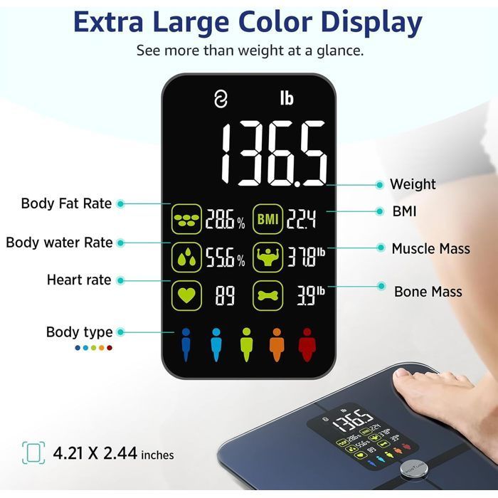 Balança de banheiro inteligente com visor VA, 15 pontos de medição de dados corporais e monitor de frequência cardíaca para aplicativos Android e iOS, capacidade máxima de 180 kg.