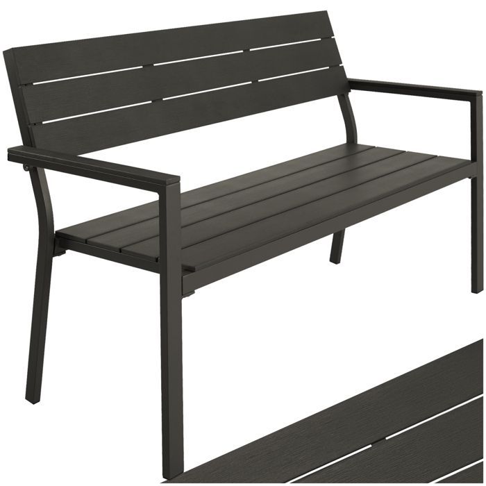 Banco de exterior - TECTAKE - LINE Banco de jardín de 2 plazas en aluminio con aspecto de madera, 128 x 59 x 88 cm - Gris oscuro