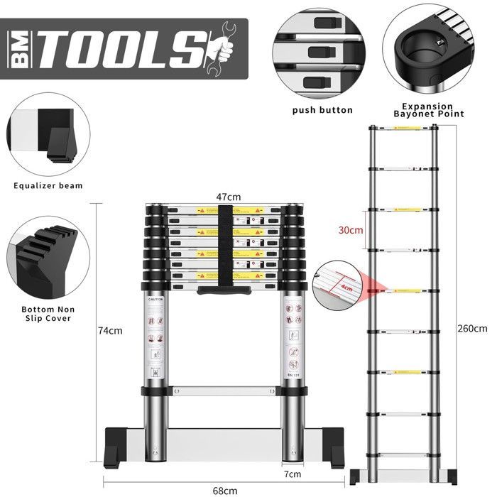 BM TOOLS 2.6M Aluminum Telescopic Ladder with Stabilizer - 150kg Load Capacity - Foldable, Extendable, Straight, Multi-functional