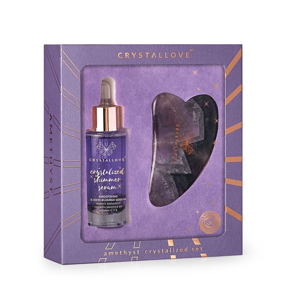 Sada na starostlivosť o tvár Crystallove s kryštálmi ametystu: Sérum + Gua Sha – 1 kus