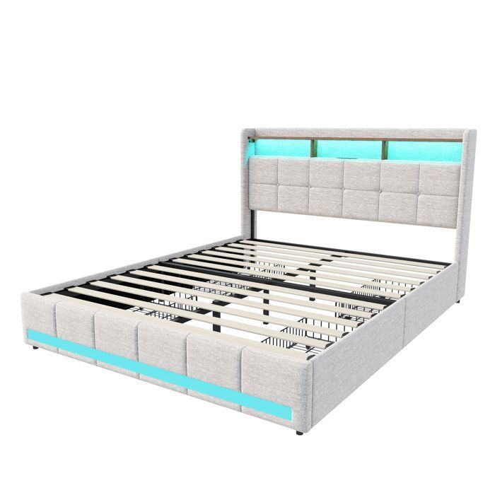 Lit 140x200 cm avec tiroirs, lit double avec tiroirs, chargement USB+Type C, cadre de lit avec sommier à lattes, lit adulte, beige