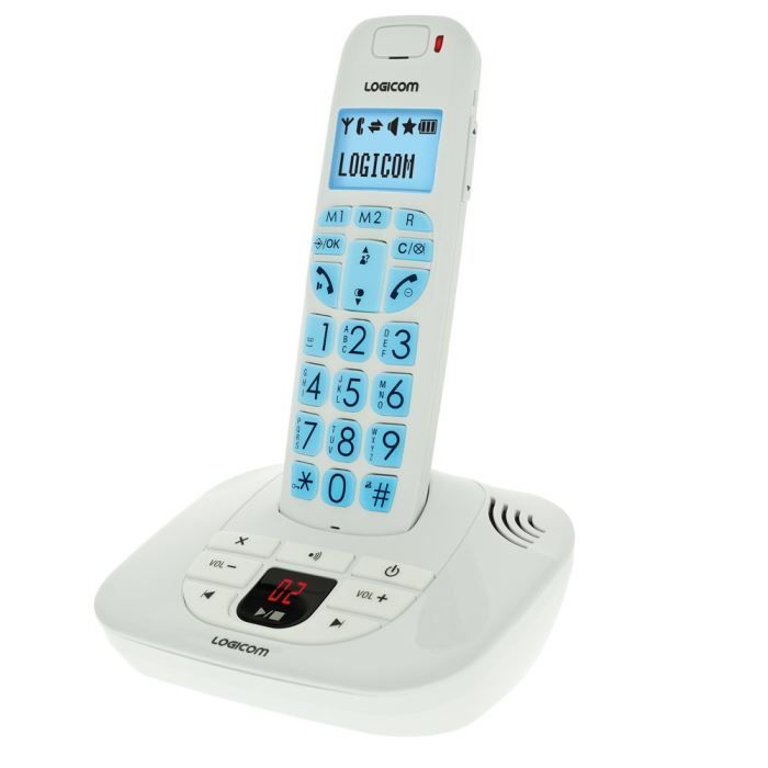 Telefone sem fio Logicom Comfort 155T com secretária eletrônica, branco, modelo para idosos.