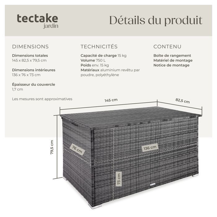 Contenitore per esterni - TECTAKE - OSLO, cassapanca da giardino in alluminio e polyrattan con rivestimento interno removibile - Grigio