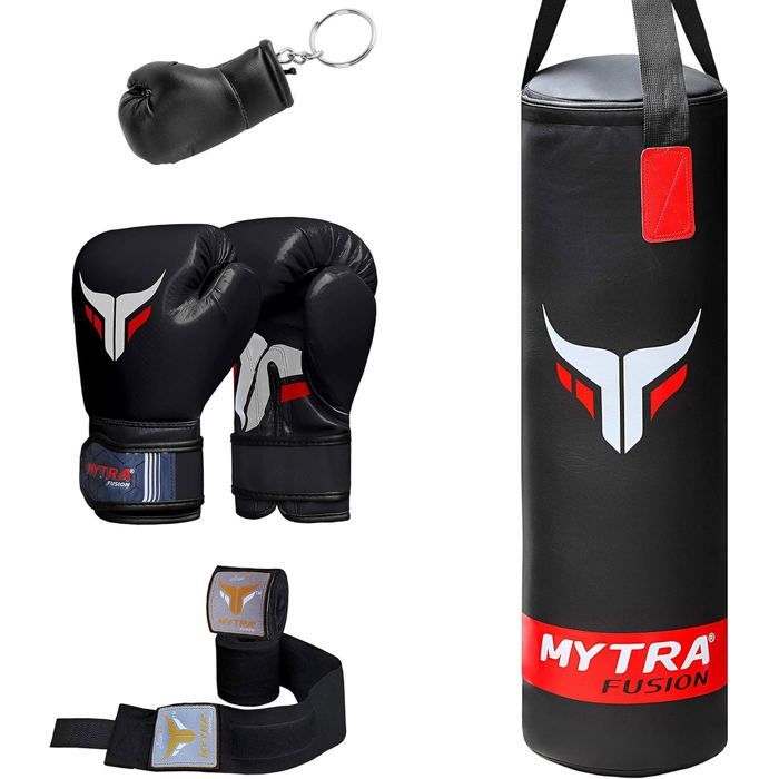 Kit sacco da boxe Mytra Fusion con guantoni e fasce per le mani per bambini, sacco da allenamento per kickboxing, boxe e arti marziali.
