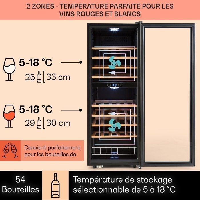 Klarstein Barossa Wine Cellar - Black - Wooden Shelves - Glass Door - LCD Display - Temperature 5 to 18°C
