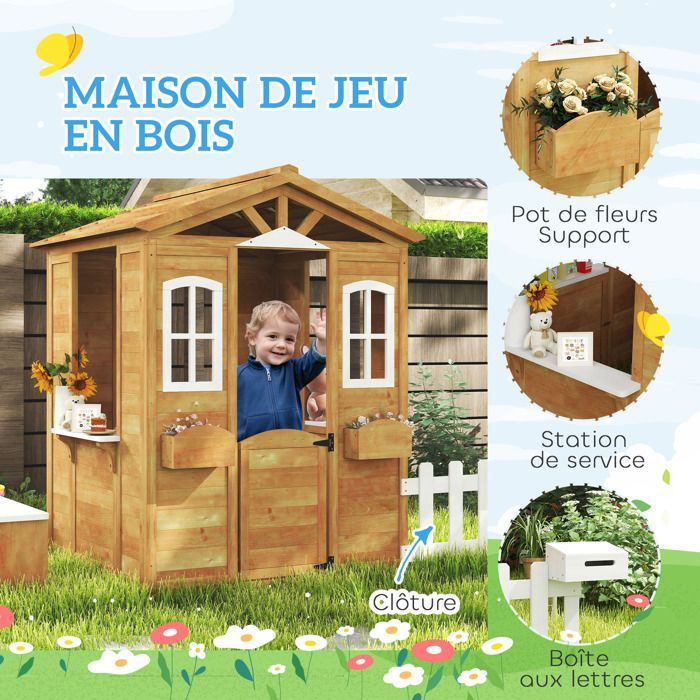 Children's playhouse, wooden garden house with door and windows, bench, mailbox, fence, for ages 3 to 6