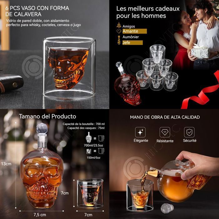 Decantador INN Skull de 700 ml y 6 vasos de whisky de 75 ml. Decantador de whisky y copa de vino para el Día de San Valentín y regalos para fiestas.