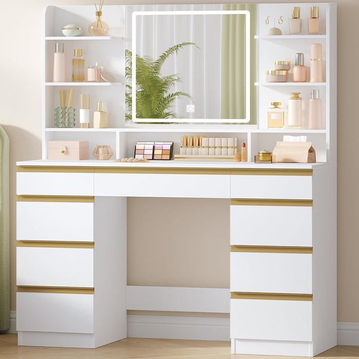 Penteadeira grande com iluminação LED, 3 cores, brilho ajustável, espelho, 9 gavetas, 9 prateleiras abertas, branco-dourado
