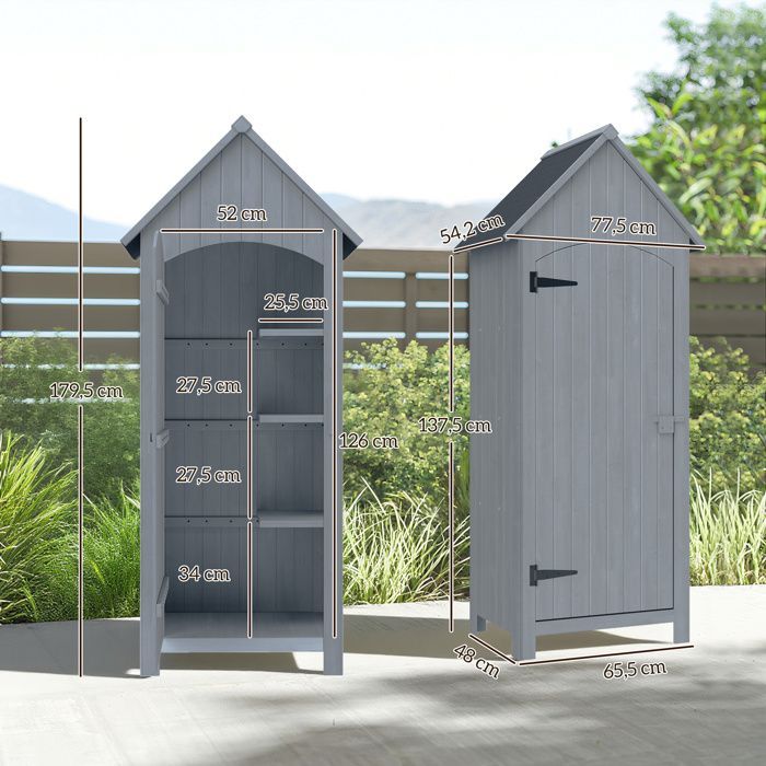 Caseta de jardín de madera - Outsunny - Caseta de jardín, cobertizo para herramientas, cabaña de madera con techo de betún - Gris - 77,5 x 54,2 x 179,5 cm