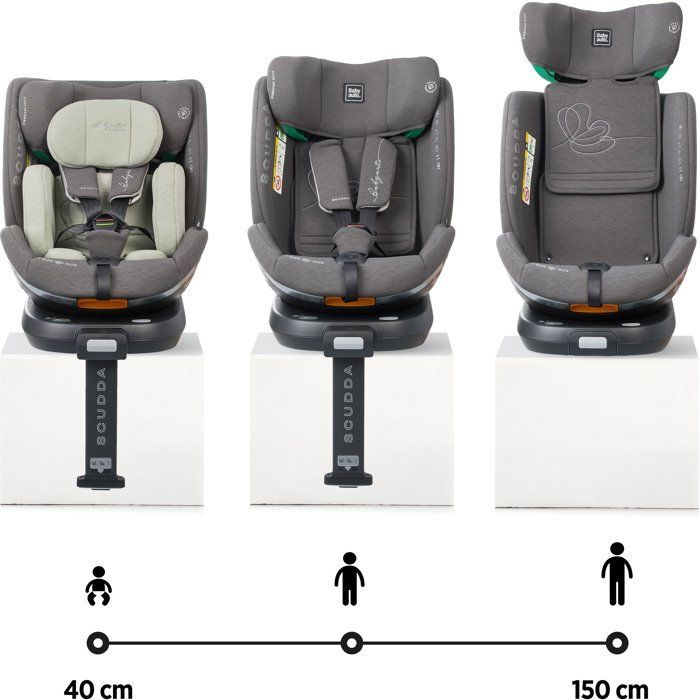 Bilbarnstol - BABYAUTO - SCUDDA - Grupp 0/1/2/3 - 40/150 cm - I-Size - Vridbar - Liggbar - Reducerbar - Stödben - Olivgrön