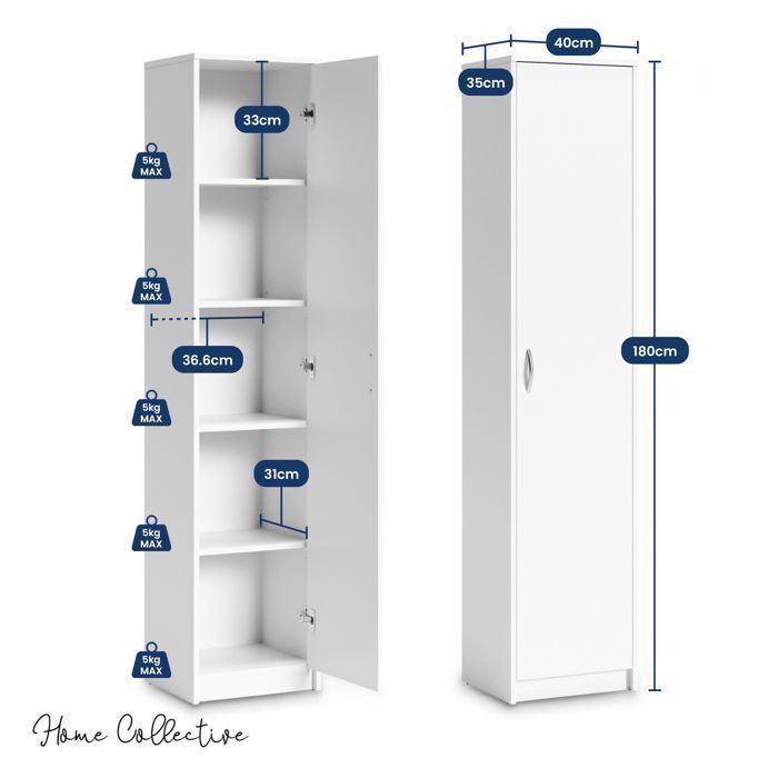 Armoire de rangement 1 porte - 40x35x180 cm - Armoire bureau chambre 4 étagères - Meuble de rangement multi-usages - Blanc
