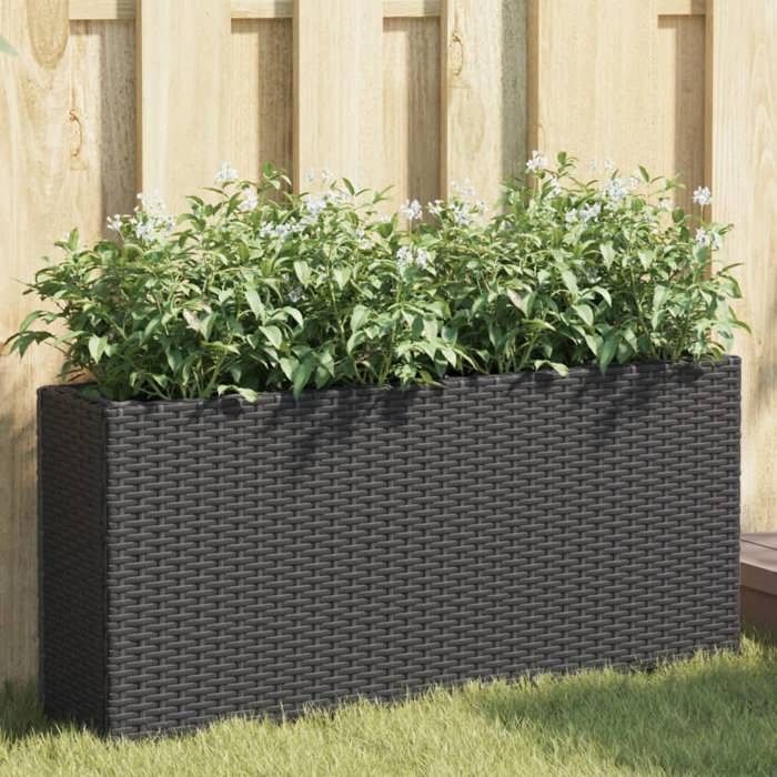 vidaXL Planter with 2 pots, black, 90x20x40 cm, woven resin, outdoor planter, flower box, tomato planter, 366407