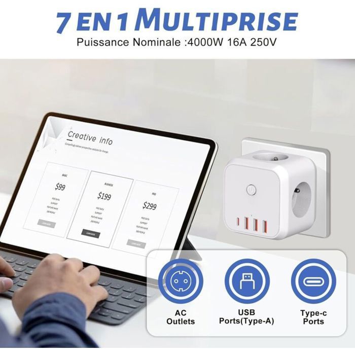 Régua de tomadas de parede em formato de cubo, com carregador USB 7 em 1 e 3 tomadas CA, 4000 W e interruptor para sala de estar e escritório.