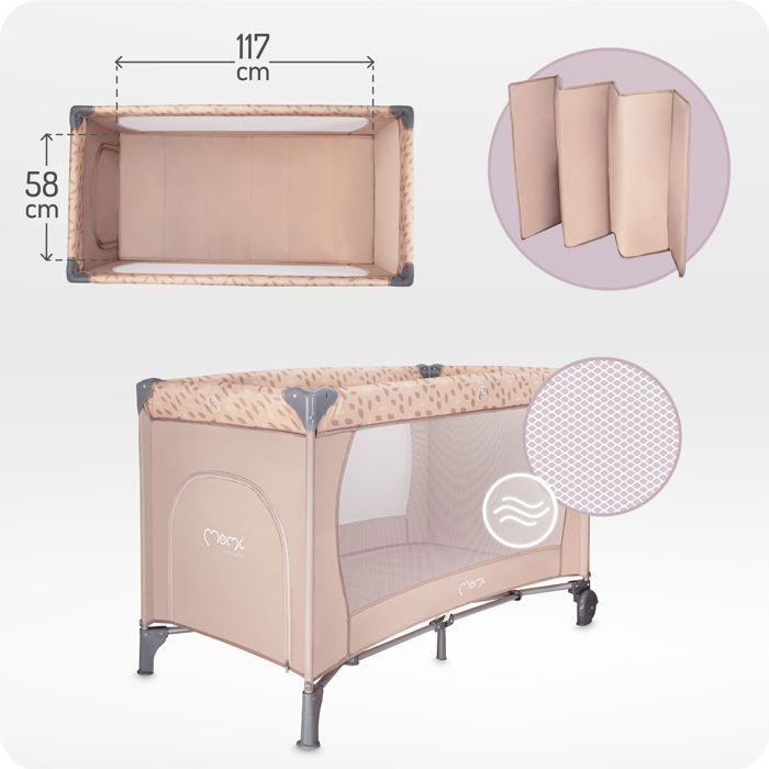 MoMi BELOVE – Lit Parapluie Bébé Pliant – Matelas + Sac de Transport – Accès Latéral – 2 Roulettes – Beige