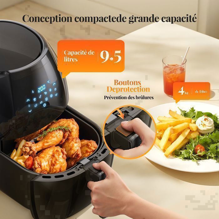 Fritteuse, Heißluftfritteuse mit Öl, 2000 W/9 l, mit 8 Programmen von 80 °C bis 200 °C, Verbrühungsschutztasten, ölfreies Frittieren