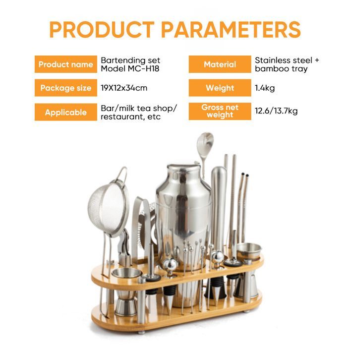 Set da shaker per cocktail da 750 ml, set da 23 pezzi in acciaio inox con supporto in legno, kit professionale da barman, include colino e misurino per miscelare