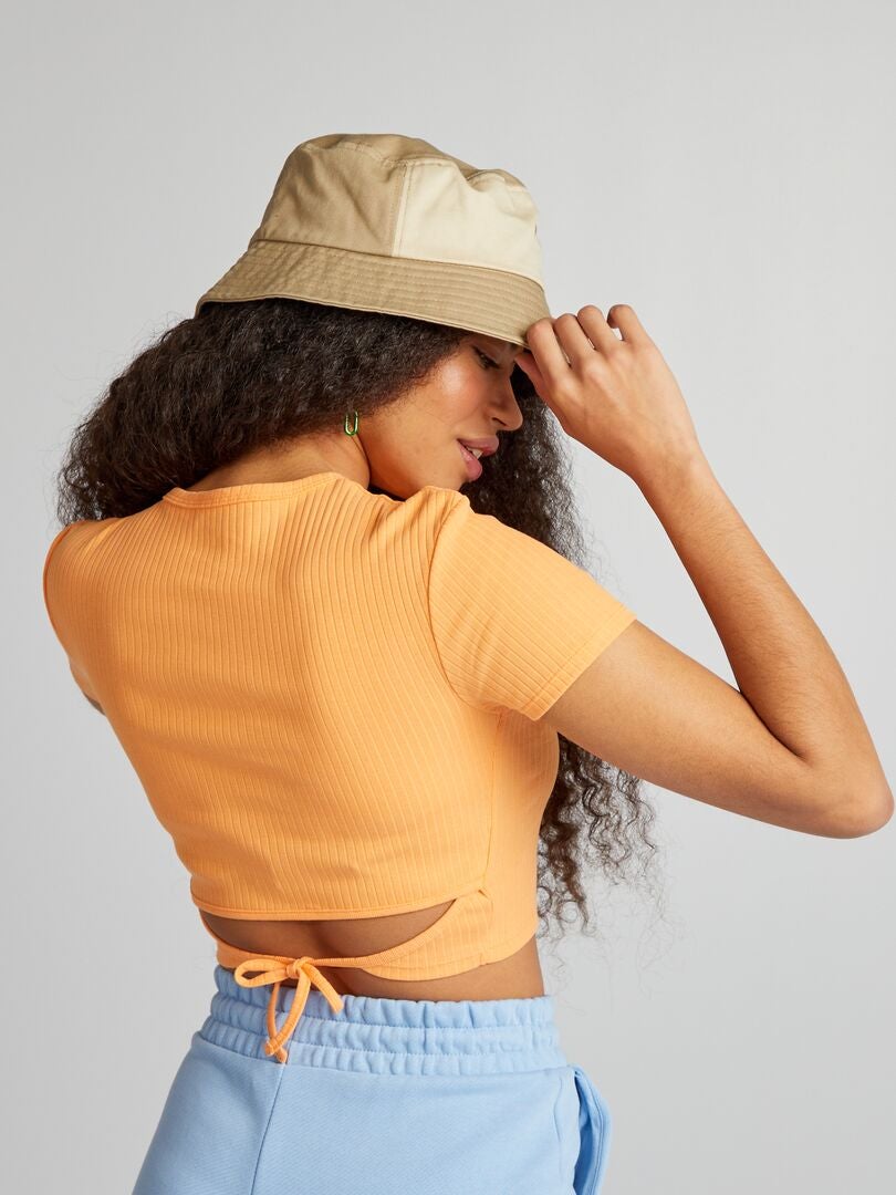 Geribbeld cropped T-shirt met trekkoordjes - ORANJE