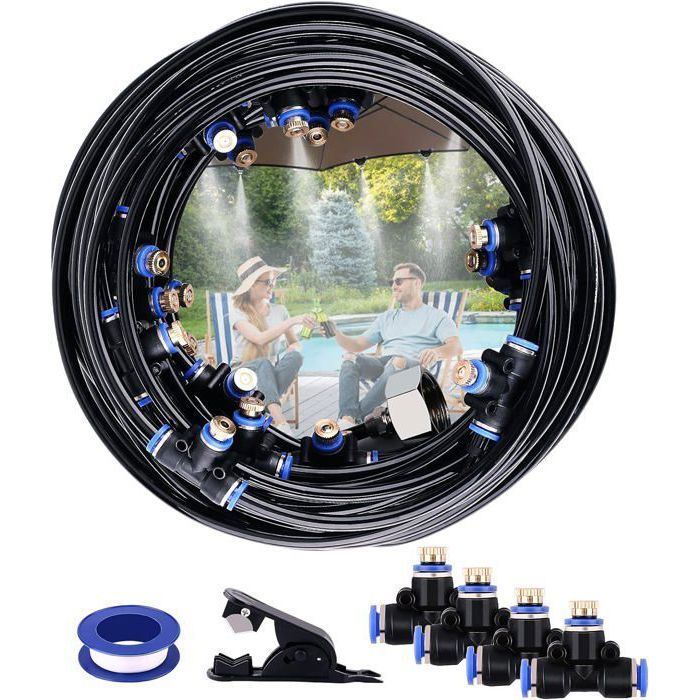 Kit di irrigazione a nebulizzazione per esterni da 20 m con 23 ugelli nebulizzatori con raccordi a T e sistema di raffreddamento. Etichetta