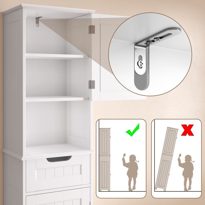 Bealife Meuble Colonne de Salle de Bain avec 1 Tiroir, 1 Étagère Ouvertes, 1 Étagère Réglable et 2 Portes, Hauteur 170cm, Blanc