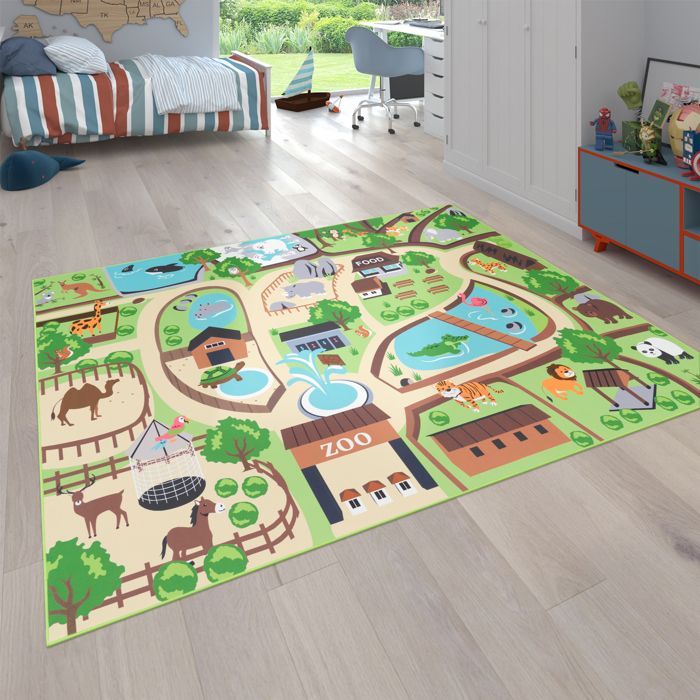Tappeto per bambini Paco Home, tappetino da gioco per camerette, zoo con tigre, orso e leone, beige colorato 100x200 cm