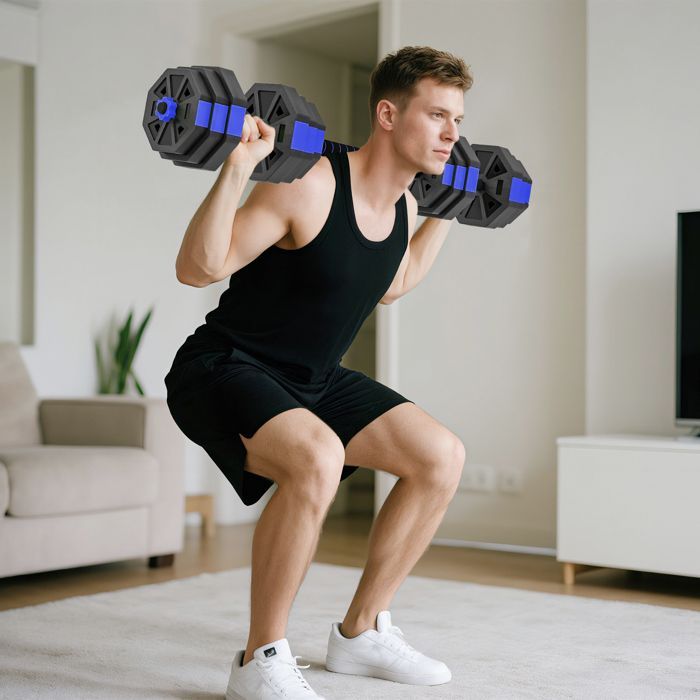 Gewichtheber-Hantelset – SPORTNOW – 6-in-1 – 25 kg – Kurzhantel, Kettlebell, Langhantel, Liegestützgriff – blau