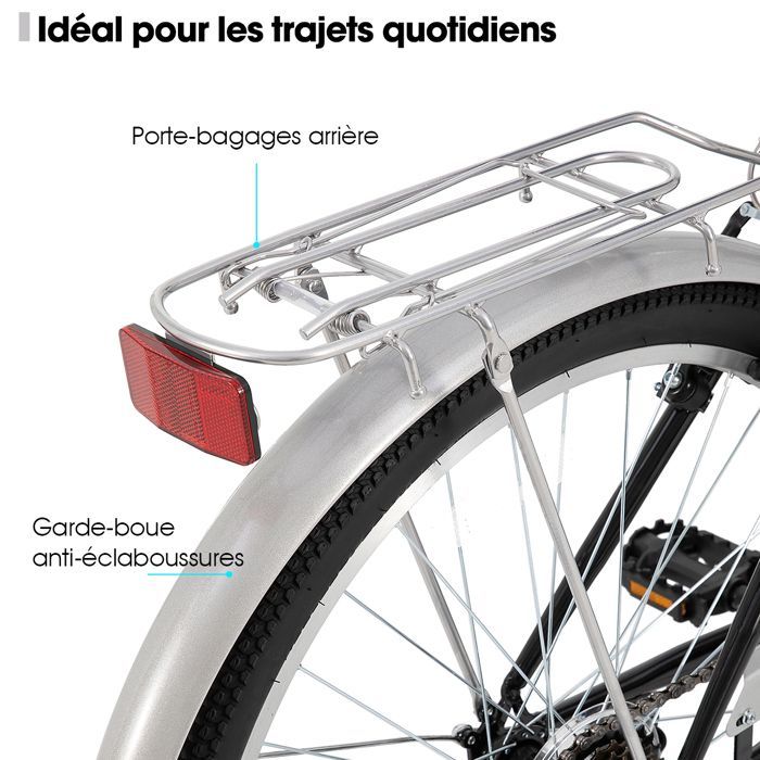 HILAND 26 pouces Vélo de Ville pour Femmes - 7 Vitesses, Freins Double Sécurité, Cadre Bas, Garde-Boue et Porte-Bagages, Noir