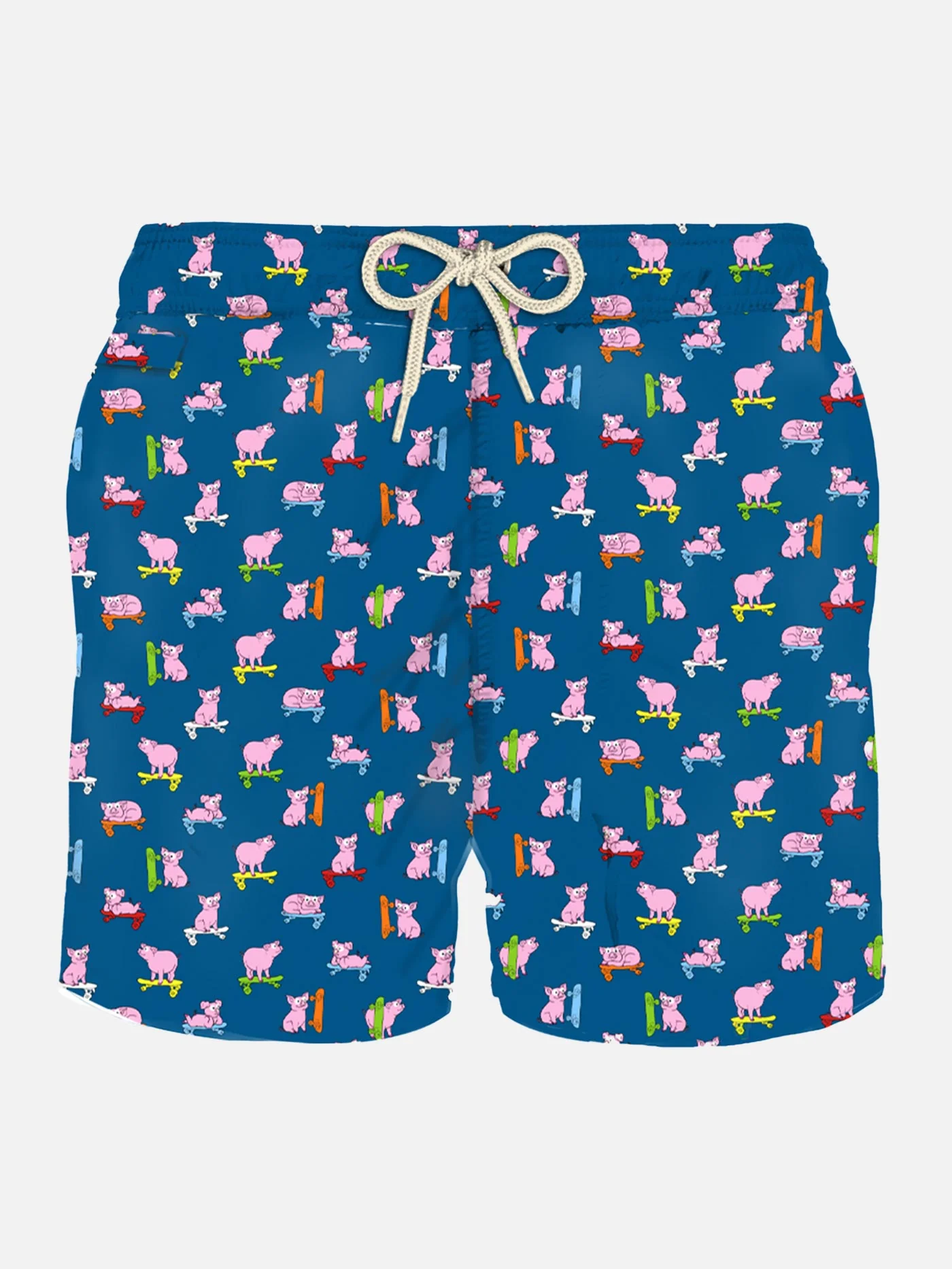 Klassische Herren-Badeshorts mit buntem Skater-Schweine-Print, blau, schnelltrocknend, mittellang, elastischer Bund, Vorder- und Gesäßtaschen | MC2 Saint Barth