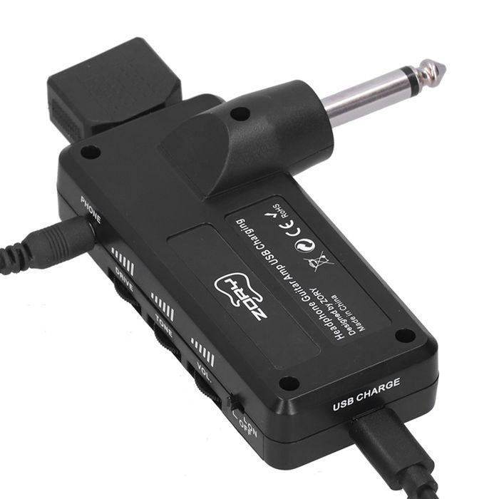 Amplificador de auriculares para bajos para guitarra eléctrica, con adaptador de cable de audio y accesorios de carga USB.