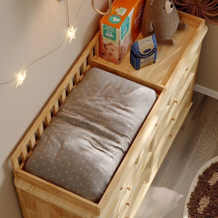 Massief houten babycommode, ergonomische commode met 9 lades, 140x48x102 cm, naturel, babykamer
