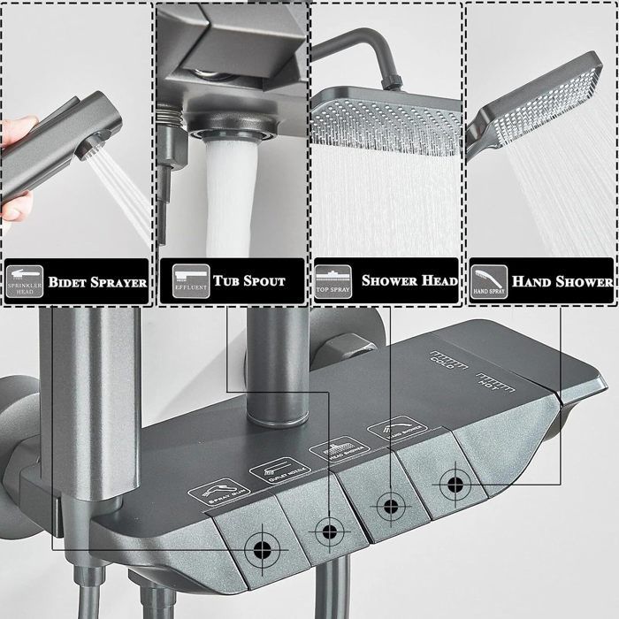 Colonne de Douche Gris foncé,Ensemble de Douche Réglable 70-110CM avec pommeau de douche en ABS 27x18cm,Colonne Douche 4 Modes