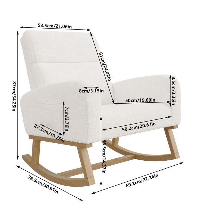 Fauteuil à Bascule - Rocking Chair - Blanc - Tissu en Sherpa - Pieds en Bois Massif - Style Scandinave