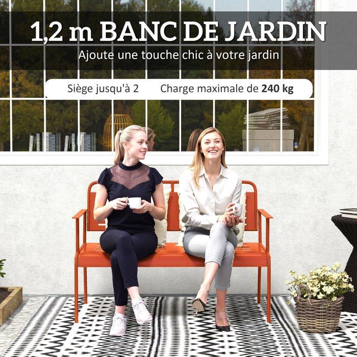 Garden bench - Outsunny - 2-seater - steel - with armrests and backrest - 121 x 64 x 84 cm - red