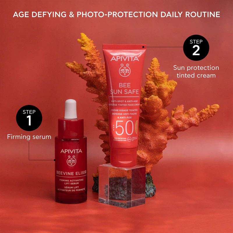 Creme facial com cor, antimanchas e antienvelhecimento, Apivita Bee Sun Safe, FPS 50