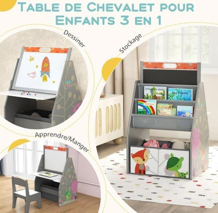 Tableau Enfant 3 en 1 -DREAMADE - Planche à Dessin Double Face - Bac de Rangement - Bibliothèque à 2 Etagères - 3-6 Ans - Gris