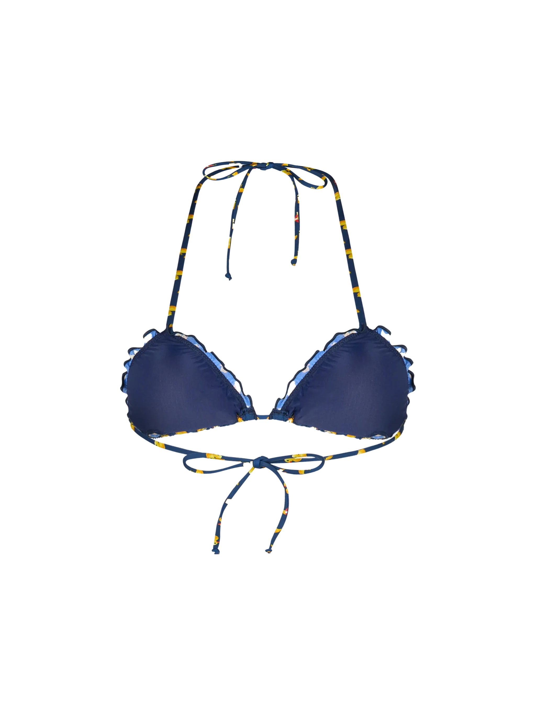 Verschuifbare driehoekige strandtop met dunne bandjes en een marineblauwe eendjesprint | MC2 Saint Barth
