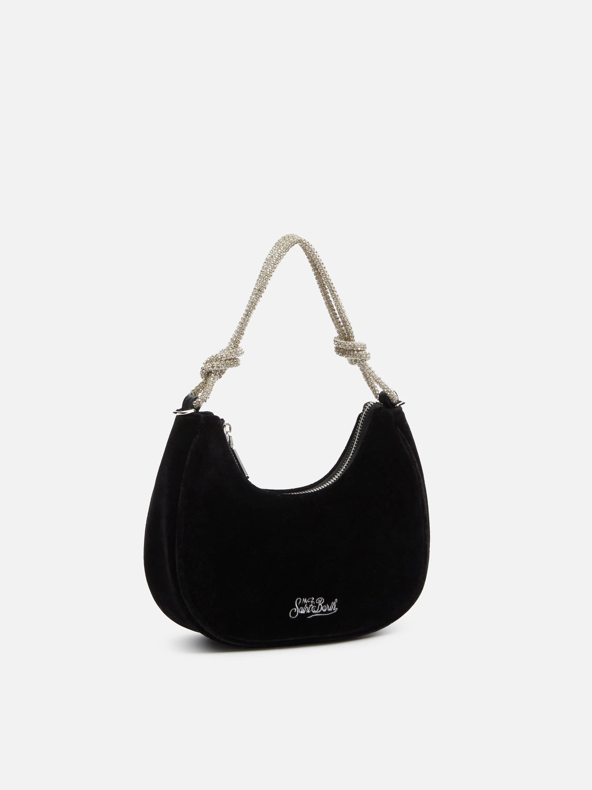 Tallulah zwarte fluwelen baguette tas met strass handvat en afneembare kettingriem | MC2 Saint Barth