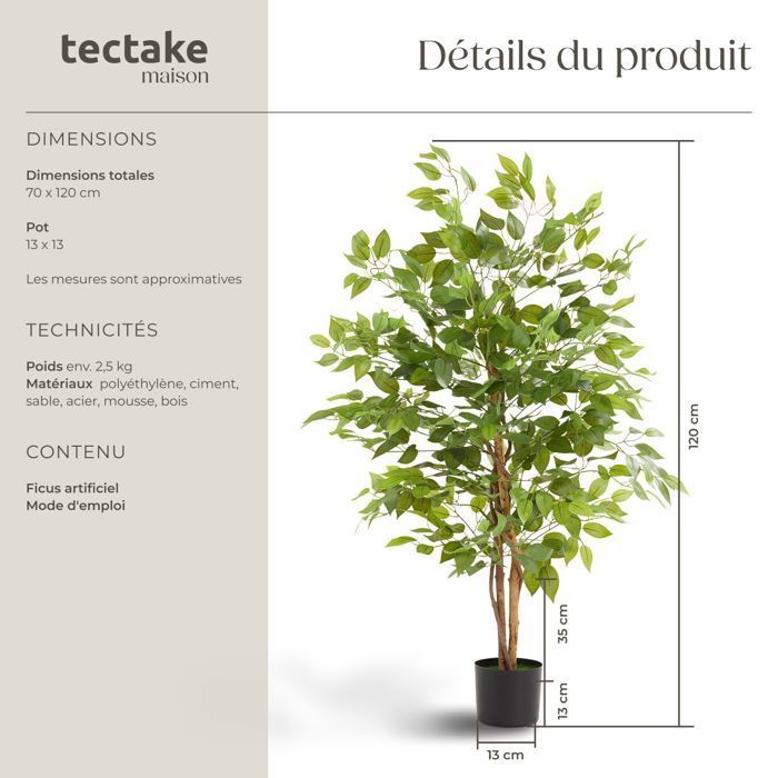 Plante artificielle - TECTAKE - Ficus artificiel FIDA à l'aspect naturel avec beaucoup de volume entretien facile - Hauteur 120 cm