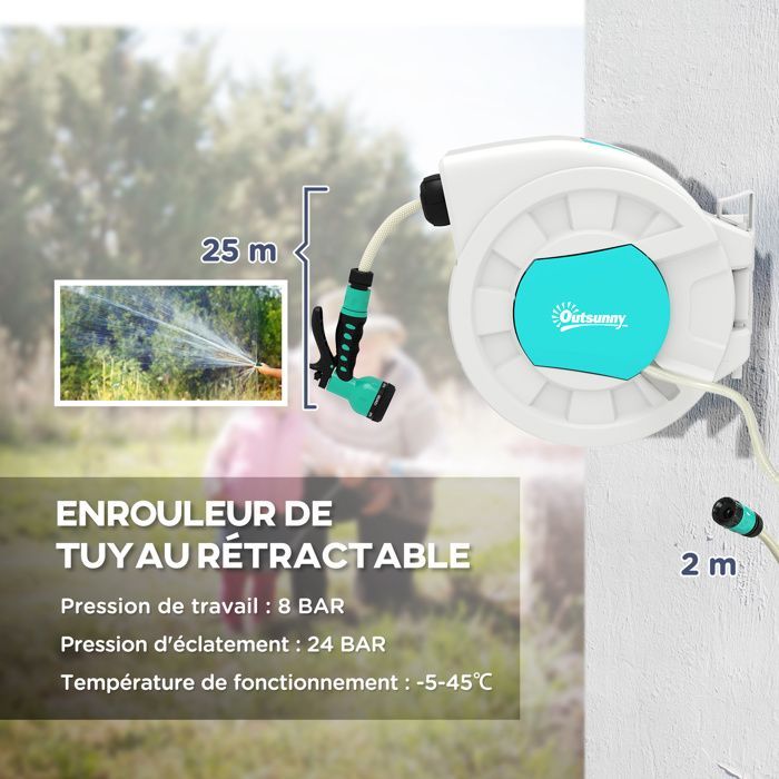 AKOZON 10532 25m Garden Hose Reel - 180° Swivel - Automatic Rewind