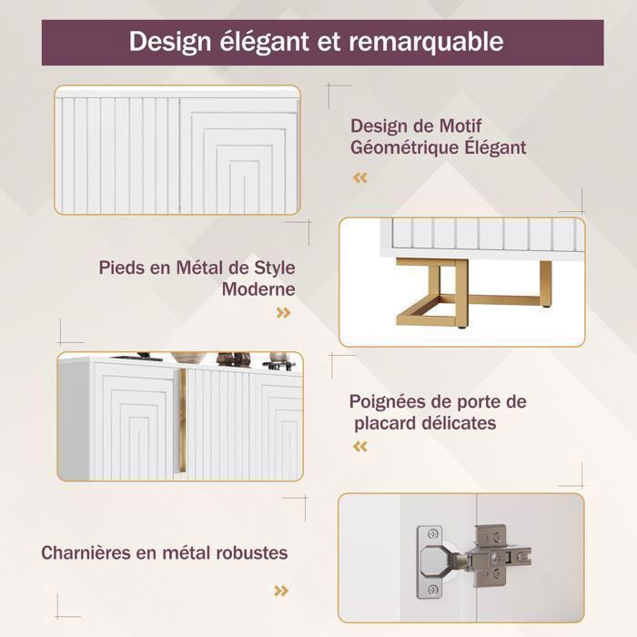 Buffet für Esszimmer, 152 cm – 2 Türen und 4 Staufächer – Kippsicherung – 3D-Design – Weißes Wohnzimmerbuffet
