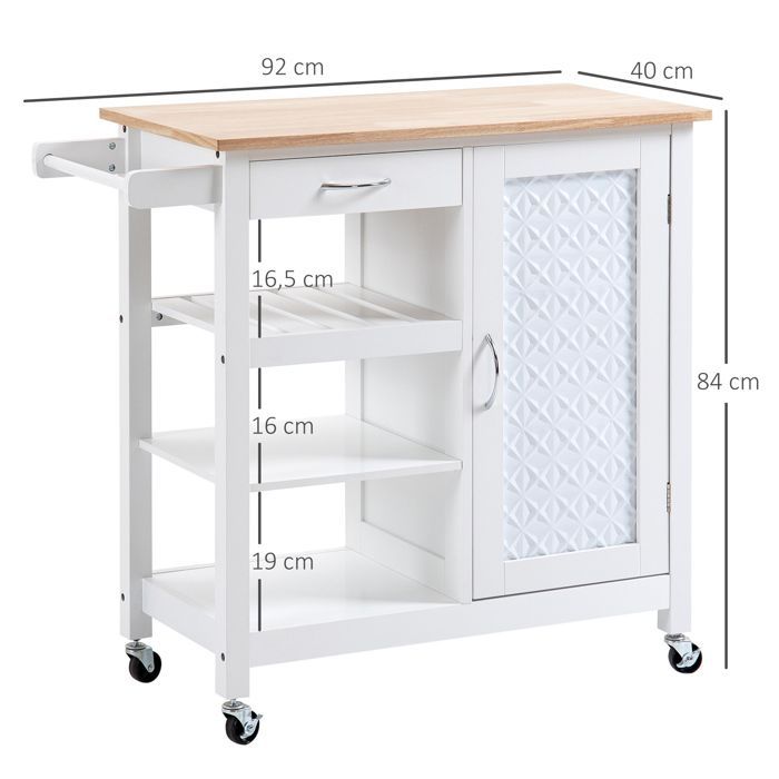 Rolling kitchen trolley - HOMCOM - contemporary kitchen service cart with drawer, 3 shelves - wood - white