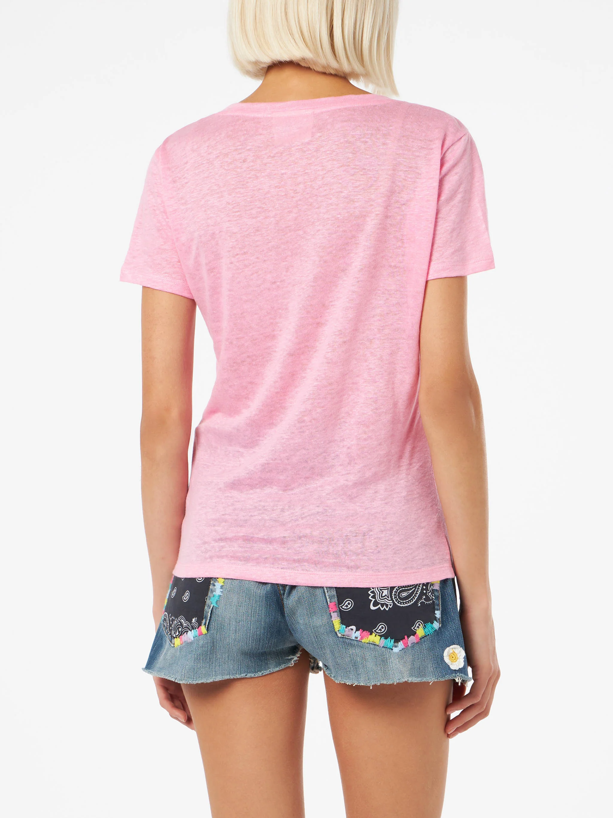 Eloise roze T-shirt met V-hals van linnenjersey
