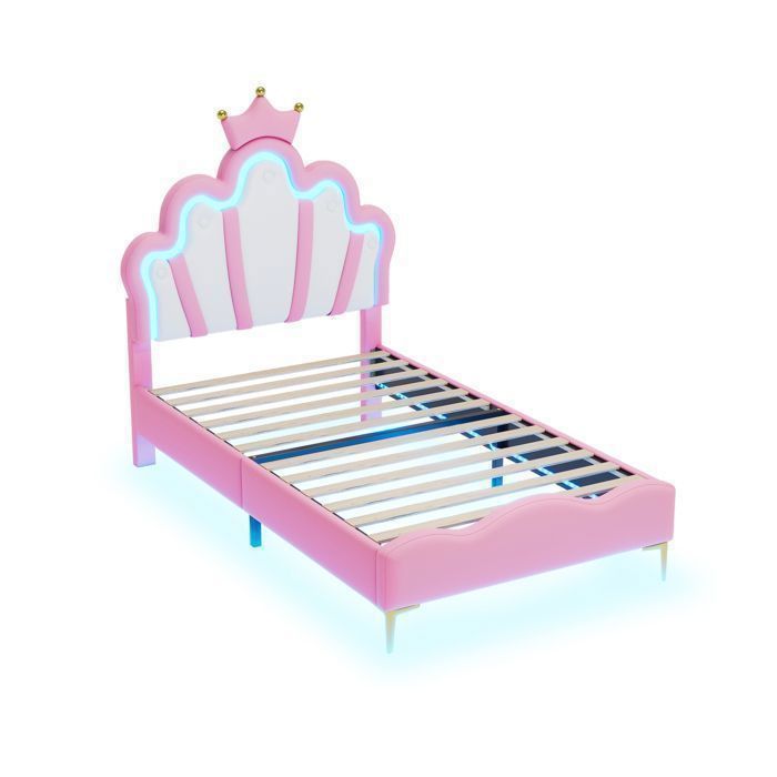 Cama individual, cama infantil tapizada de 90x200cm, base de láminas, con LED, cama princesa con forma de corona, PU, rosa