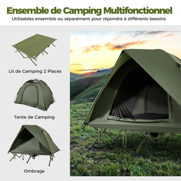 Tienda de campaña plegable para 2 personas COSTWAY con cama elevada, bolsa de transporte con ruedas, 2 puertas de malla y techo.