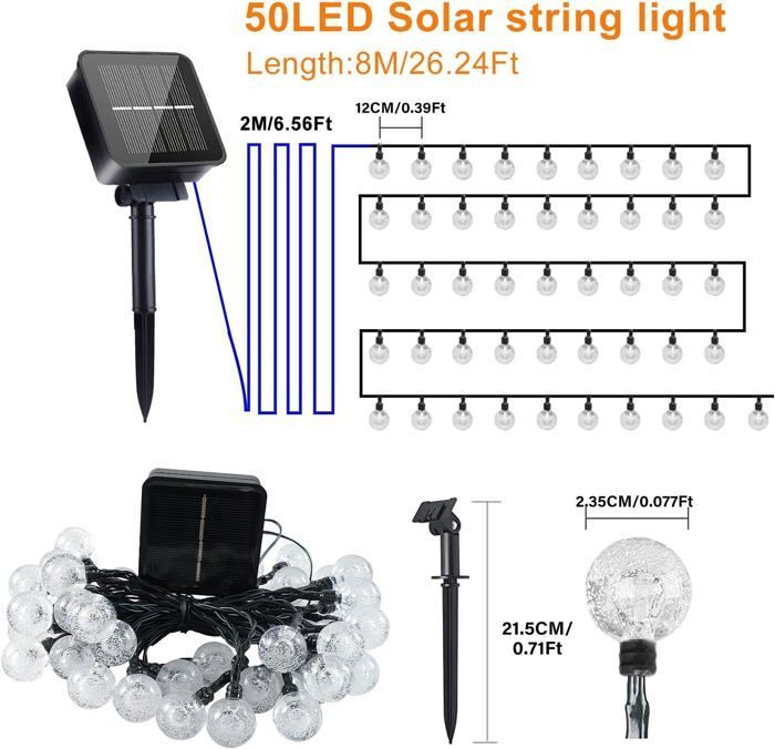 Guirnalda de luces solares para exteriores, 8 m, 50 LED, luces para exteriores e interiores con 8 modos, guirnalda de luces de cristal impermeables.