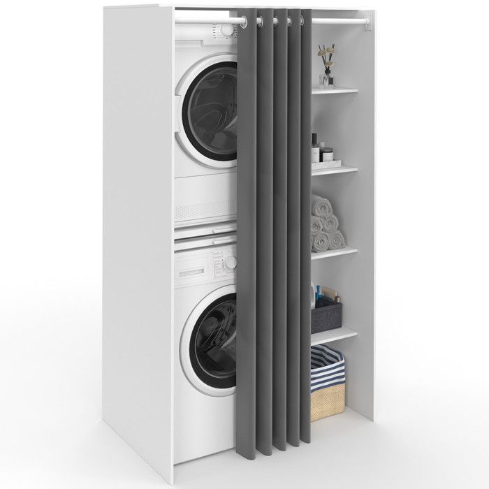 IDMARKET Dubbele wasmachinekast met schuifgordijn WALLIS wit